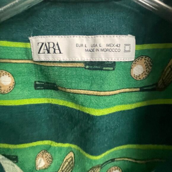Zara Mens Green Stripe Golf Button Down Shirt Size Large Green Viscose - Picture 3 of 4